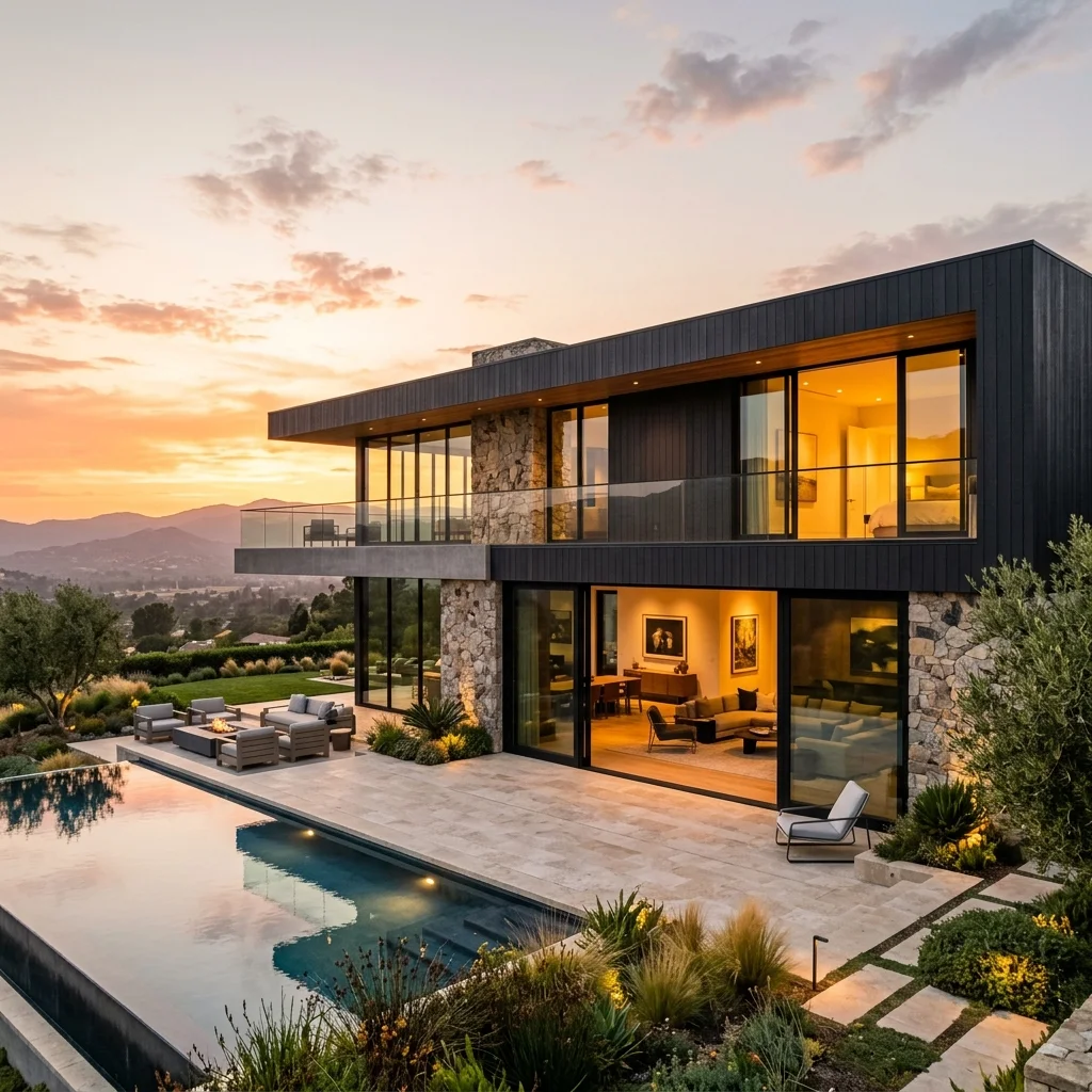 Fachada de moradia de luxo contemporânea com caixilharia preta minimalista